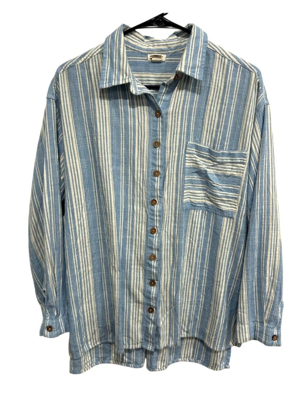 Billabong Medium Blue White Striped Button Up Shirt Pocket Relaxed Boho Beach